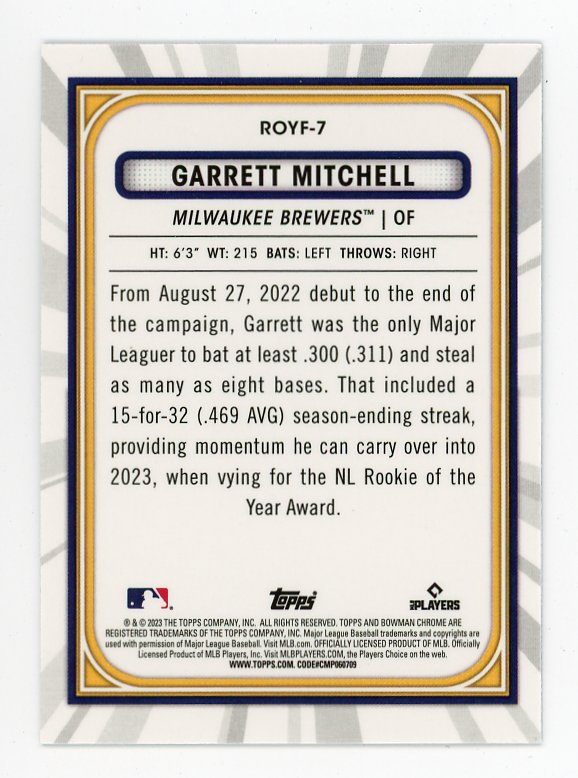 2023 Garrett Mitchell Rookie Of The Year Refractor Bowman Chrome Milwaukee Brewers # ROFY-7