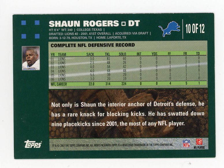 2007 Shaun Rogers Black Topps Detroit Lions # 10 Of 12