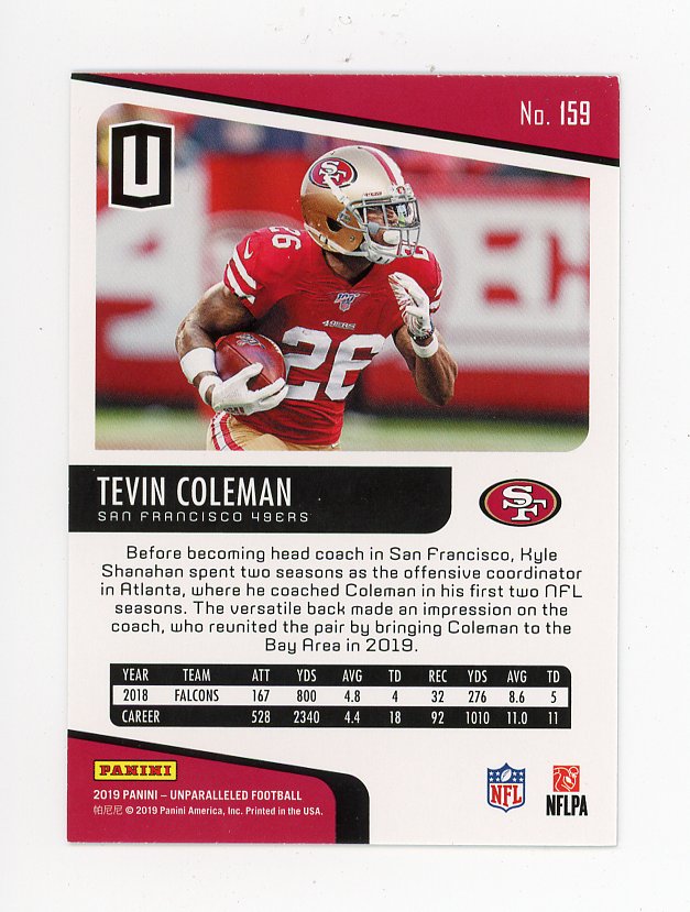 2019 Tevin Coleman Unparalleled Panini San Francisco 49ers # 159