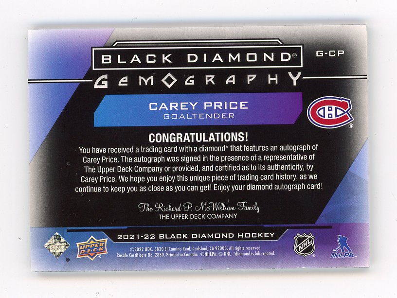 2021-2022 Carey Price Gemography Auto #D /10 Black Diamond Montreal Canadiens # G-CP
