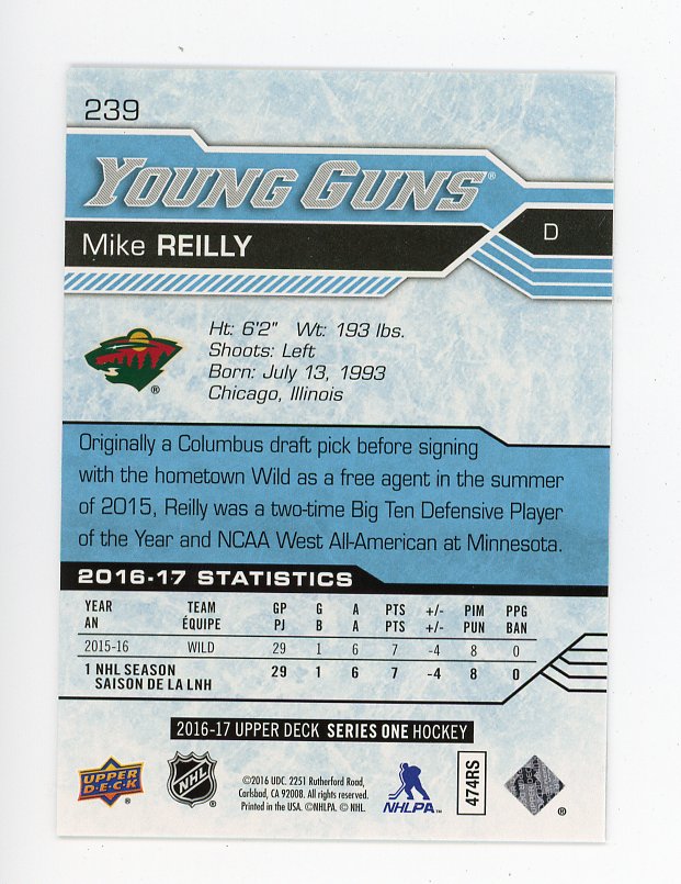 2016-2017 Mike Reilly Young Guns Upper Deck Minnesota Wild # 239