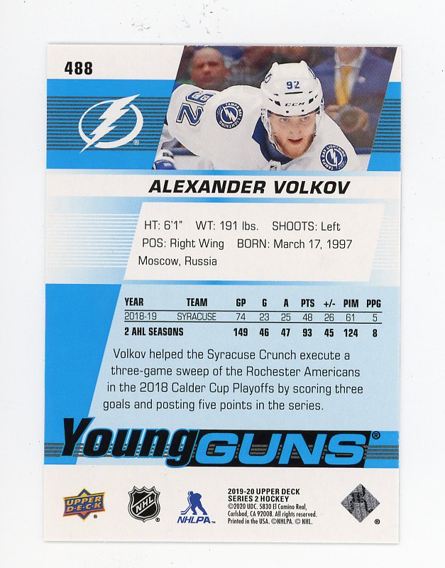 2019-2020 Alexander Volkov Young Guns Upper Deck Tampa Bay Lightning # 488