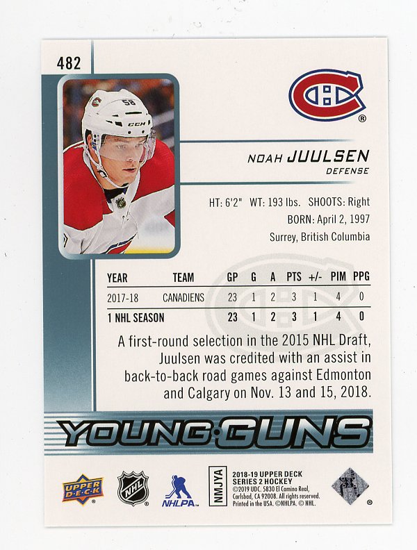 2018-2019 Noah Juulsen Young Guns Upper Deck Montreal Canadiens # 482