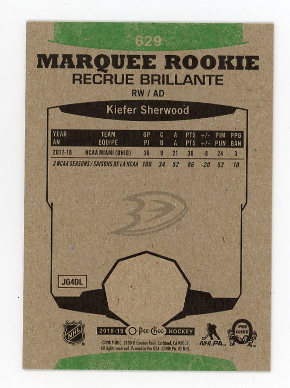 2018-2019 Kiefer Sherwood Marquee Rookie O-Pee-Chee Anaheim Ducks # 629