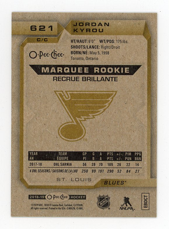 2018-2019 Jordan Kyrou Marquee Rookie O-Pee-Chee St.Louis Blues # 621