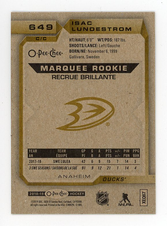 2018-2019 Isac Lundestrom Marquee Rookie O-Pee-Chee Anaheim Ducks # 649