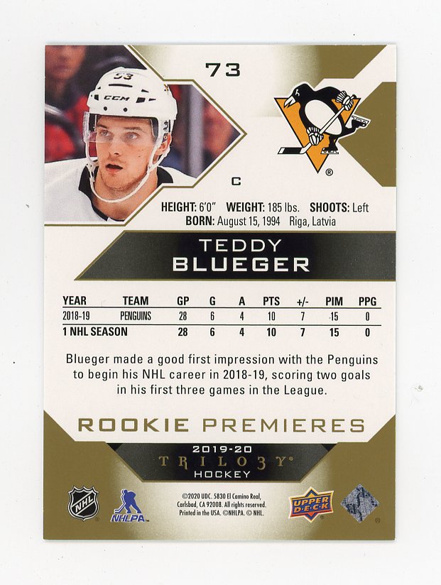 2019-2020 Teddy Blueger Rookie Premieres #D /999 Trilogy Pittsburgh Penguins # 73