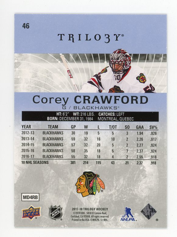 2017-2018 Corey Crawford #D /999 Trilogy Chicago Blackhawks # 46
