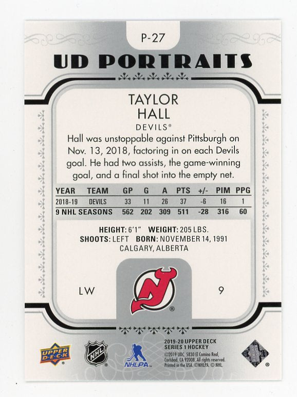 2019-2020 Taylor Hall UD Portraits Upper Deck New Jersey Devils # P-27