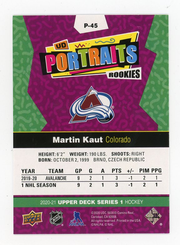 2020-2021 Martin Kaut UD Rookie Portraits Upper Deck Colorado Avalanche # P-45