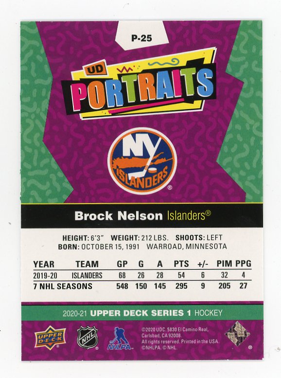 2020-2021 Brock Nelson UD Portraits Upper Deck New York Islanders # P-25