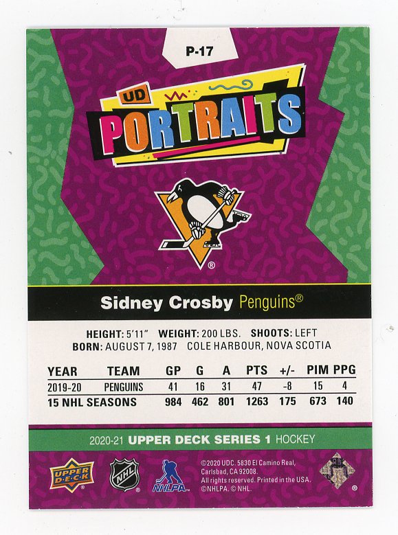 2020-2021 Sidney Crosby UD Portraits Upper Deck Pittsburgh Penguins # P-17