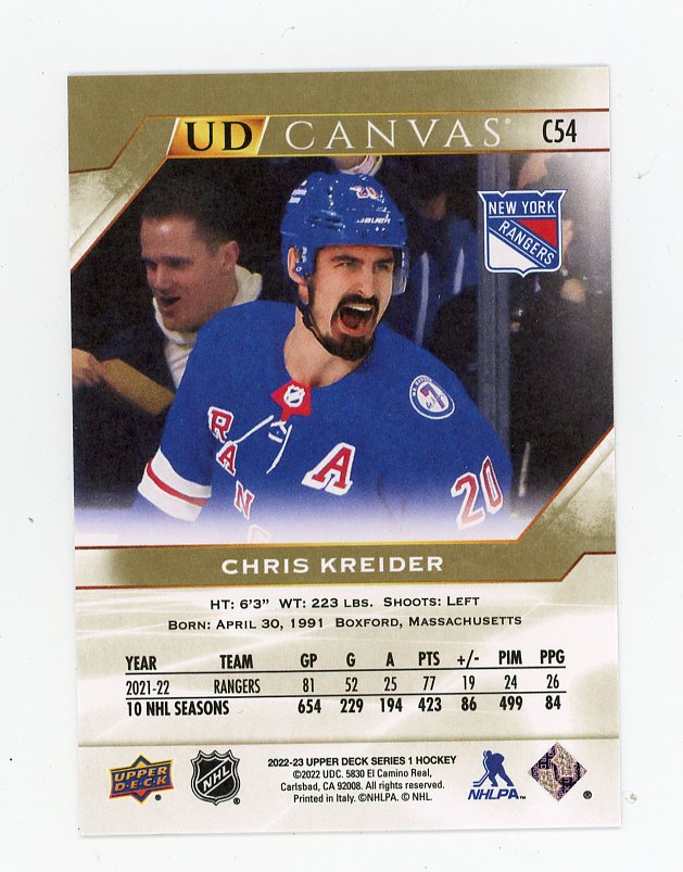 2022-2023 Chris Kreider UD Canvas Upper Deck New York Rangers # C54