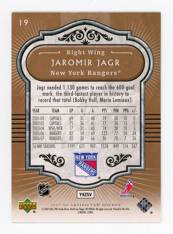 2007-2008 Jaromir Jagr Bronze Artifacts New York Rangers # 19