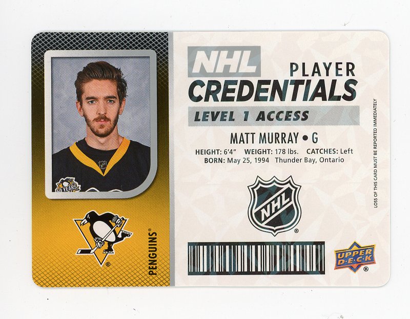 2017-2018 Matt Murray Credentials MVP Pittsburgh Penguins # NHL-MM