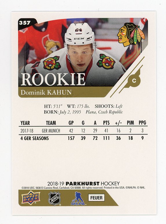 2018-2019 Dominik Kahun Rookie Parkhurst Chicago Blackhawks # 357