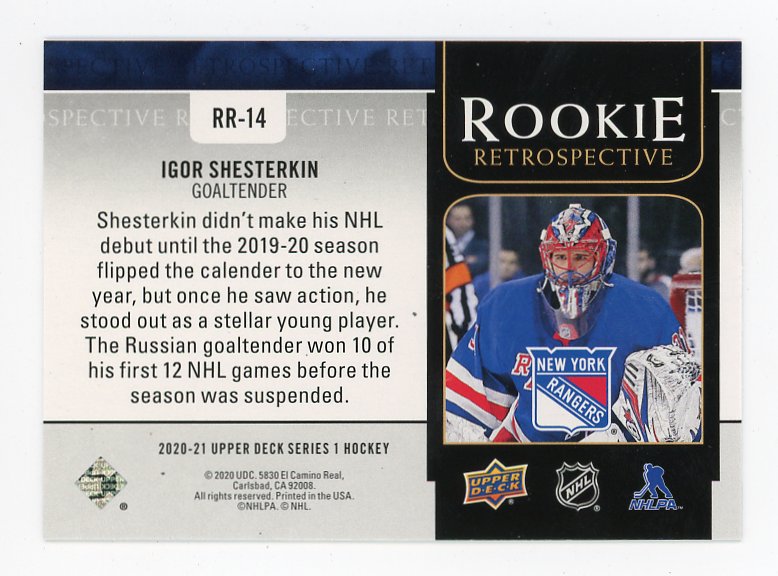 2020-2021 Igor Shesterkin Rookie Retrospective Upper Deck New York Rangers # RR-14