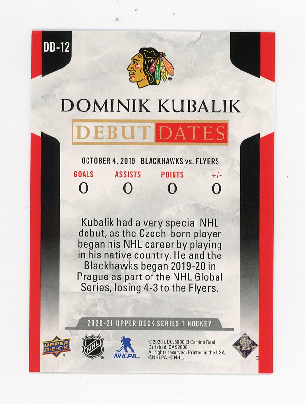 2020-2021 Dominik Kubalik Debut Dates Upper Deck Chicago Blackhawks # DD-12