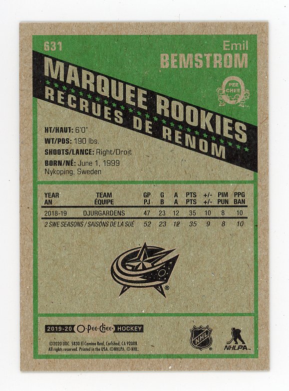 2019-2020 Emil Bemstrom Marquee Rookies O-Pee-Chee Columbus Blue Jackets # S31