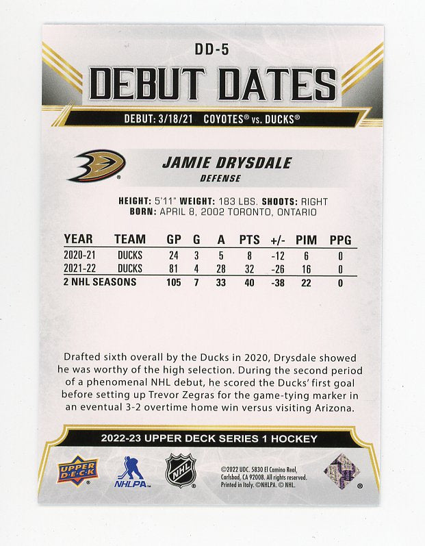 2022-2023 Jamie Drysdale Debut Dates Upper Deck Anaheim Ducks # DD-5