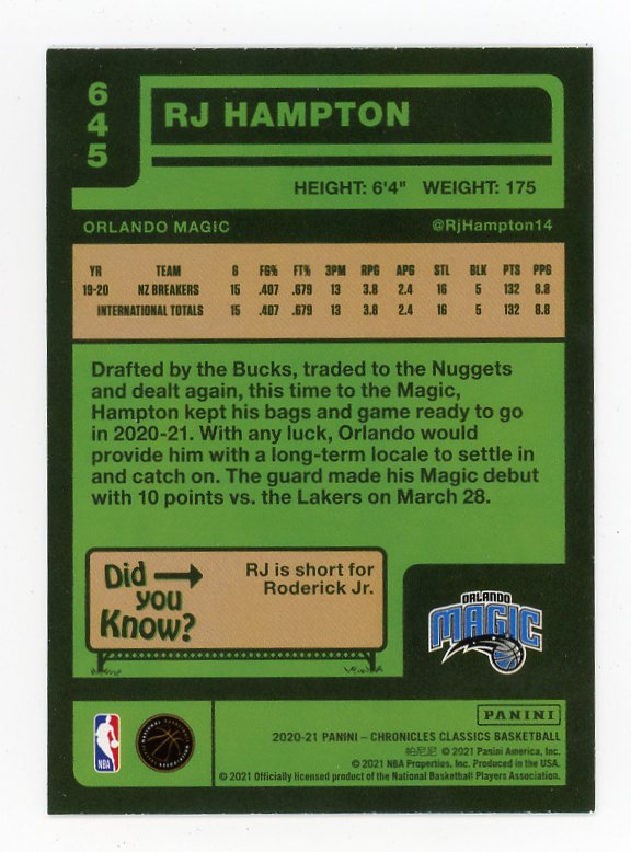 2020-2021 Rj Hampton Rookie Chronicles Classic Orlando Magic # 645