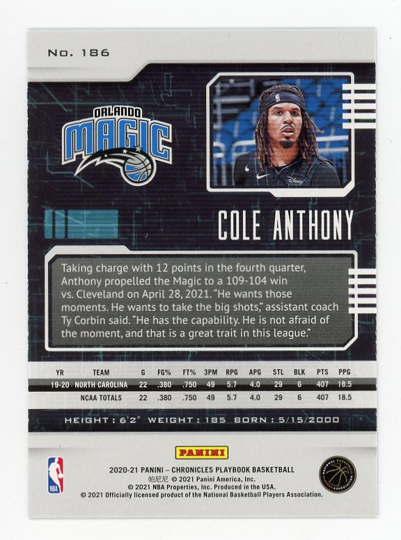 2020-2021 Cole Anthony Pink Rookie Playbook Orlando Magic # 186
