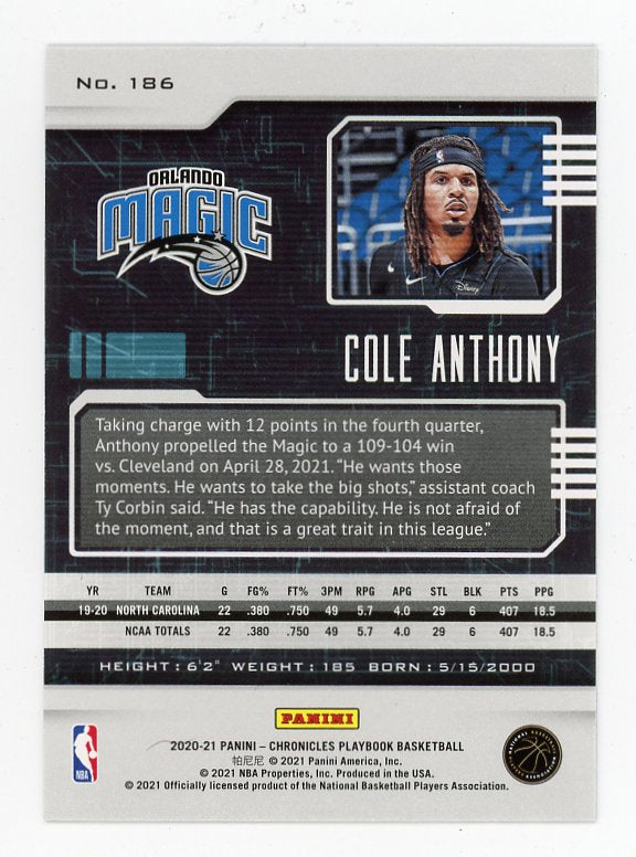 2020-2021 Cole Anthony Rookie Playbook Orlando Magic # 186