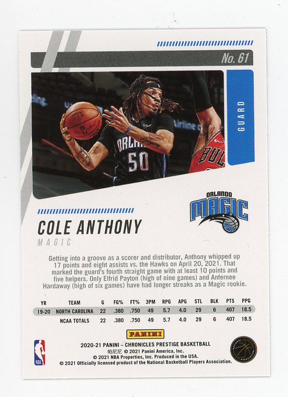 2020-2021 Cole Anthony Rookie Prestige Orlando Magic # 61