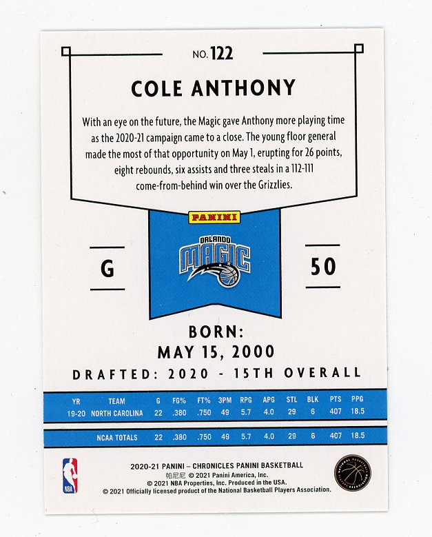 2020-2021 Cole Anthony Rookie Chronicles Orlando Magic # 122