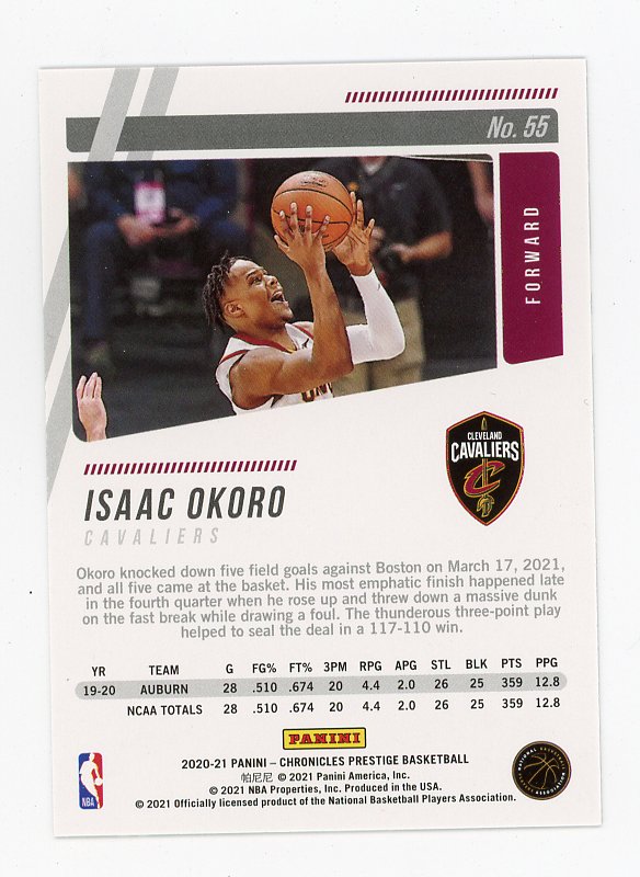 2020-2021 Isaac Okoro Rookie Prestige Cleveland Cavaliers # 55