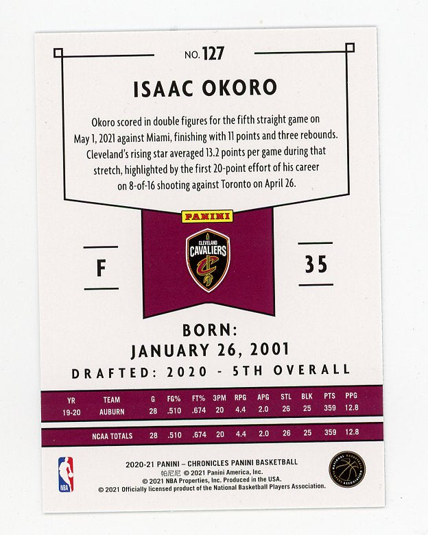 2020-2021 Isaac Okoro Green Rookie Chronicles Cleveland Cavaliers # 127