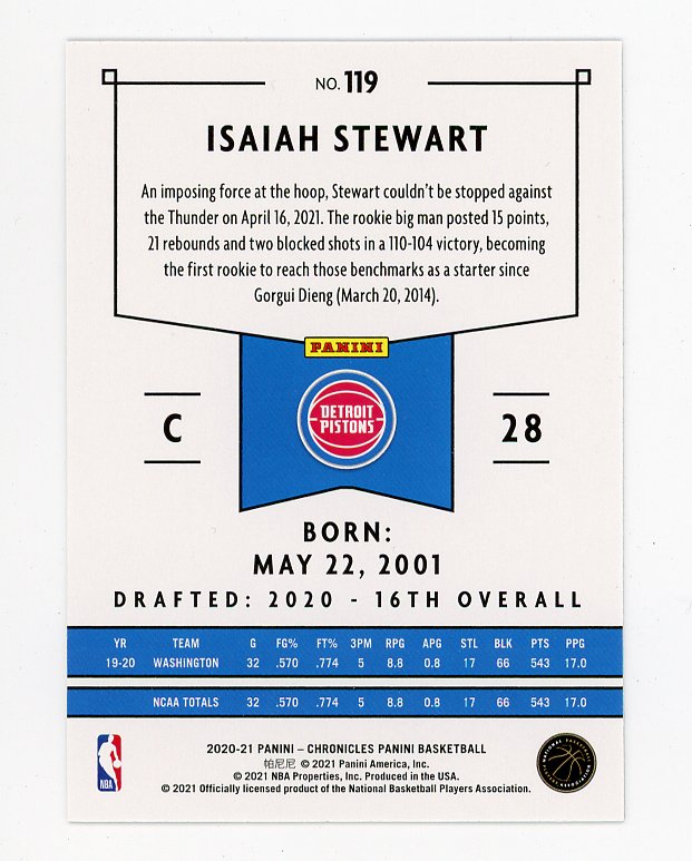 2020-2021 Isaiah Stewart Rookie Chronicles Detroit Pistons # 119