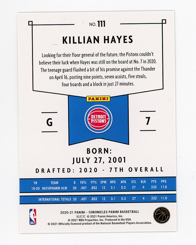 2020-2021 Killian Hayes Rookie Chronicles Detroit Pistons # 111