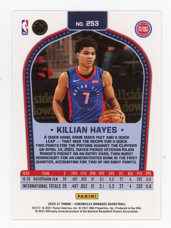 2020-2021 Killian Hayes Marquee Rookie Chronicles Detroit Pistons # 253