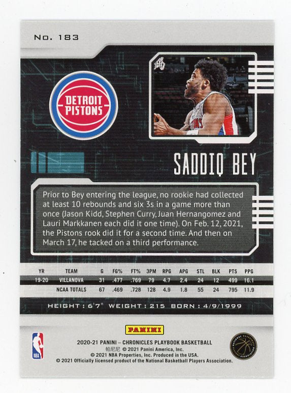 2020-2021 Saddiq Bey Rookie Panini Playbook Detroit Pistons # 183