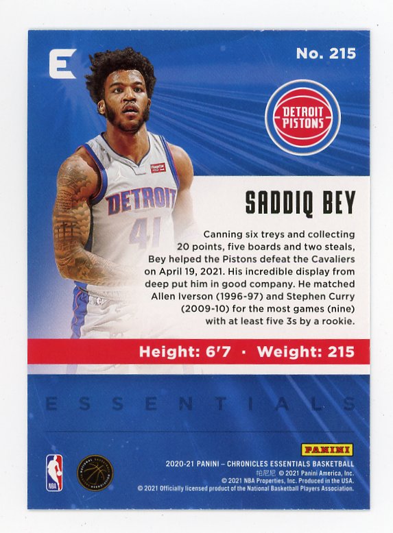 2020-2021 Saddiq Bey Rookie Panini Essentials Detroit Pistons # 215