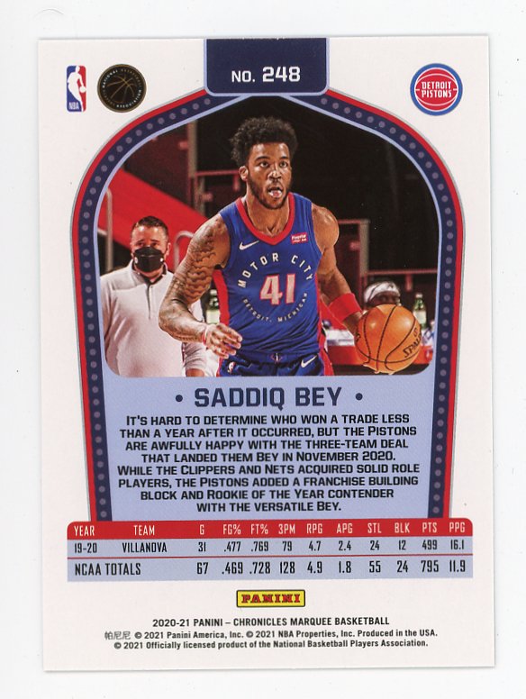 2020-2021 Saddiq Bey Marquee Rookie Panini Detroit Pistons # 248