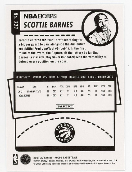 2021-2022 Scottie Barnes Rookie NBA Hoops Toronto Raptors # 227