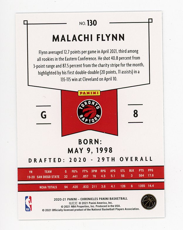 2020-2021 Malachi Flynn Rookie Chronicles Toronto Raptors # 130