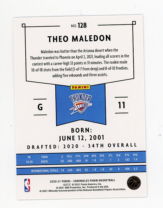 2020-2021 Theo Maledon Rookie Chronicles Oklahoma City Thunder # 128