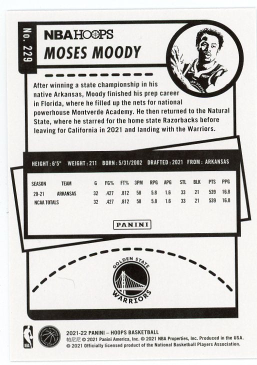 2021-2022 Moses Moody Rookie NBA Hoops Golden State Warriors # 229