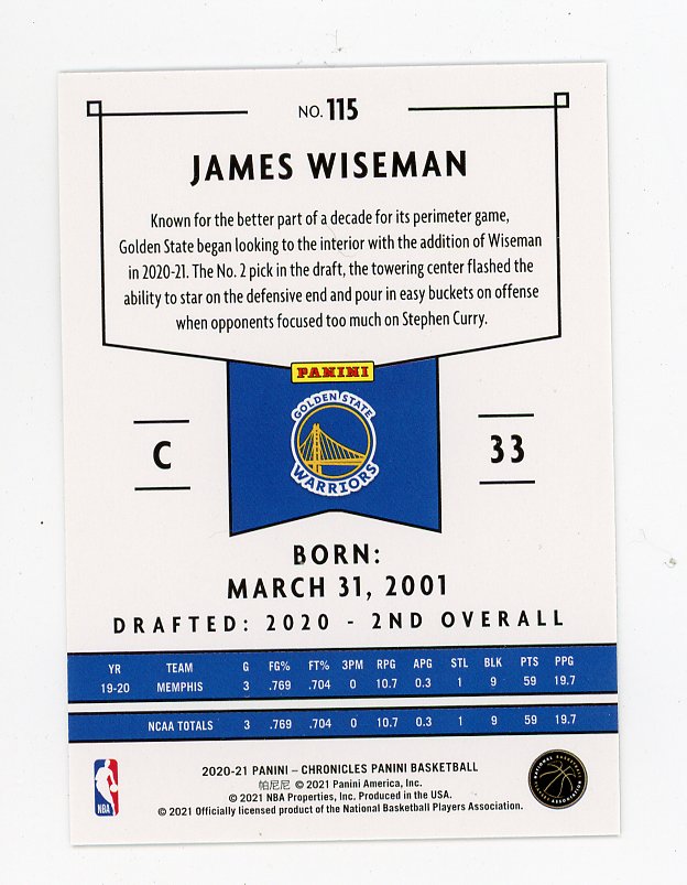 2020-2021 James Wiseman Rookie Chronicles Golden State Warriors # 115