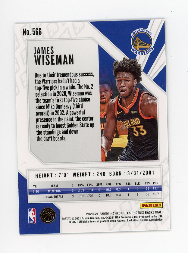 2020-2021 James Wiseman Rookie Chronicles Phoenix Golden State Warriors # 566