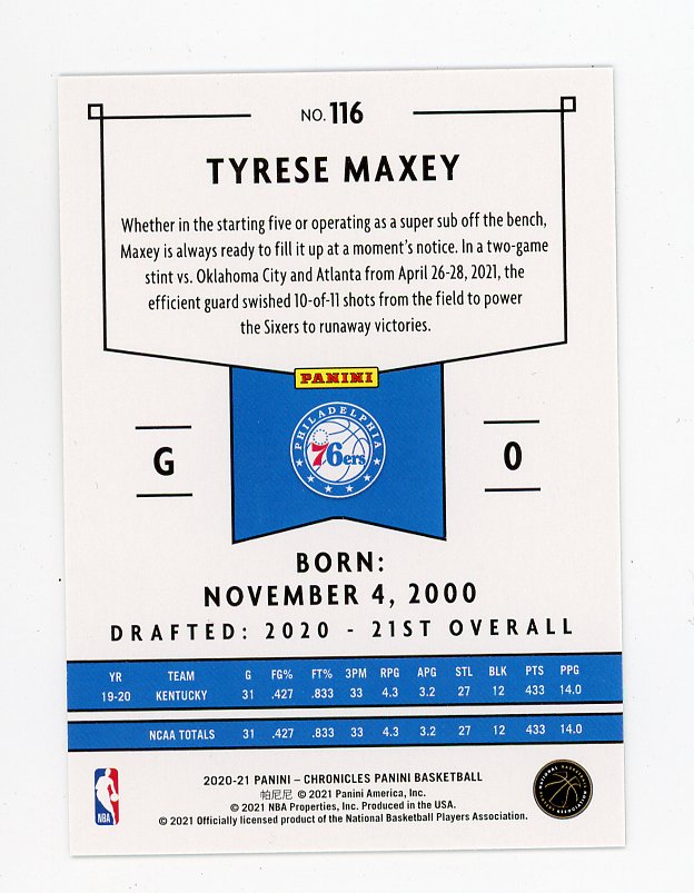 2020-2021 Tyrese Maxey Rookie Chronicles Philadelphia 76ers # 116