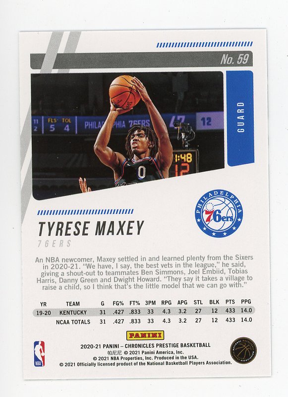 2020-2021 Tyrese Maxey Rookie Prestige Philadelphia 76ers # 59