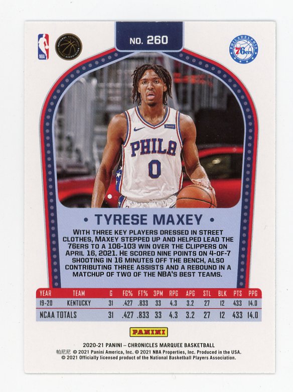 2020-2021 Tyrese Maxey Green Marquee Rookie Panini Philadelphia 76ers # 260