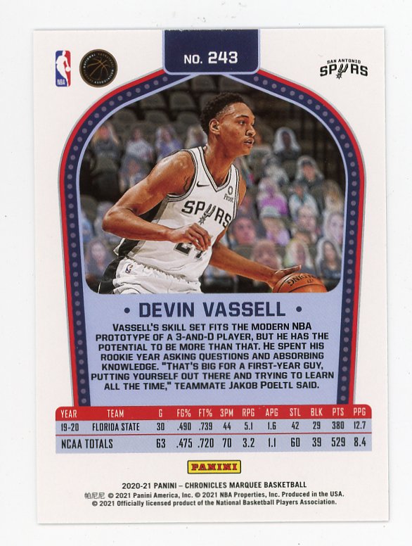 2020-2021 Devin Vassell Marquee Rookie Panini San Antonio Spurs # 243