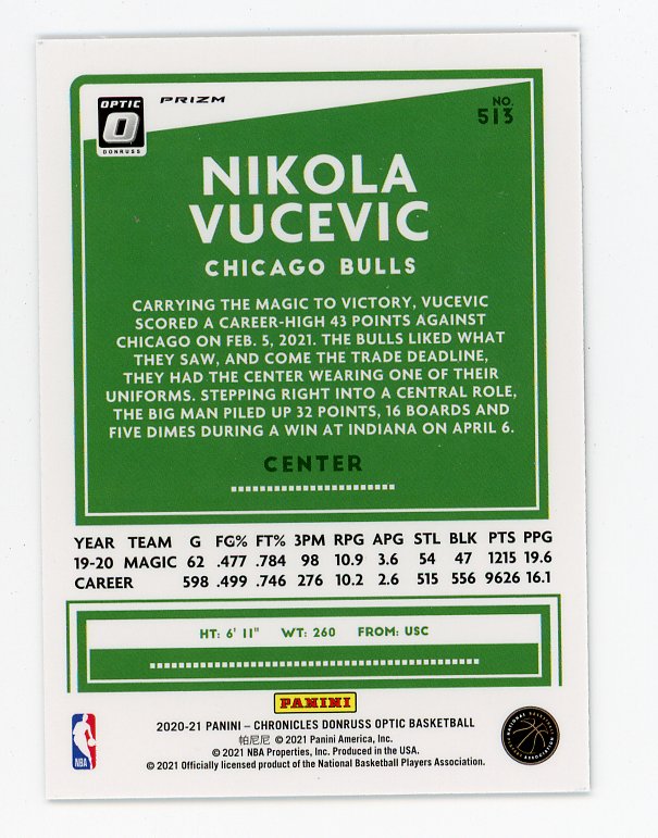 2020-2021 Nikola Vucevic Refractor Donruss Optic Chicago Bulls # 513