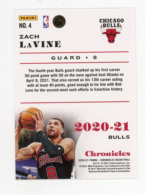 2020-2021 Zach Lavine Pink Chronicles Chicago Bulls # 4