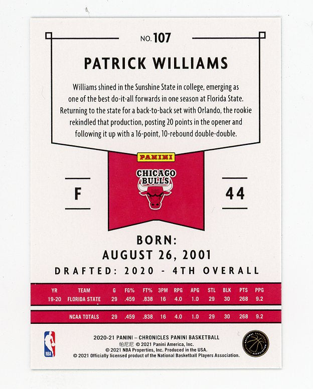 2020-2021 Patrick Williams Rookie Chronicles Chicago Bulls # 107